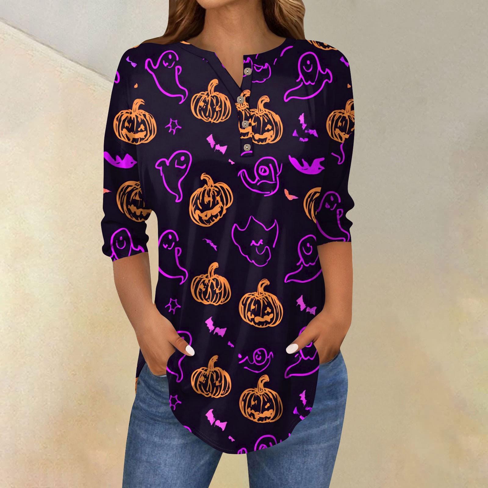 

Женская модная свободная футболка с пуговицами на воротнике, с принтом на Хэллоуин, с длинным рукавом, топ, пуловер L
