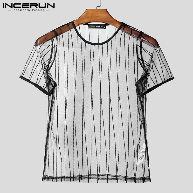 INCERUN Summer Men Short Sleeve Mesh Sheer Striped Ftiied Cropped T-shirts