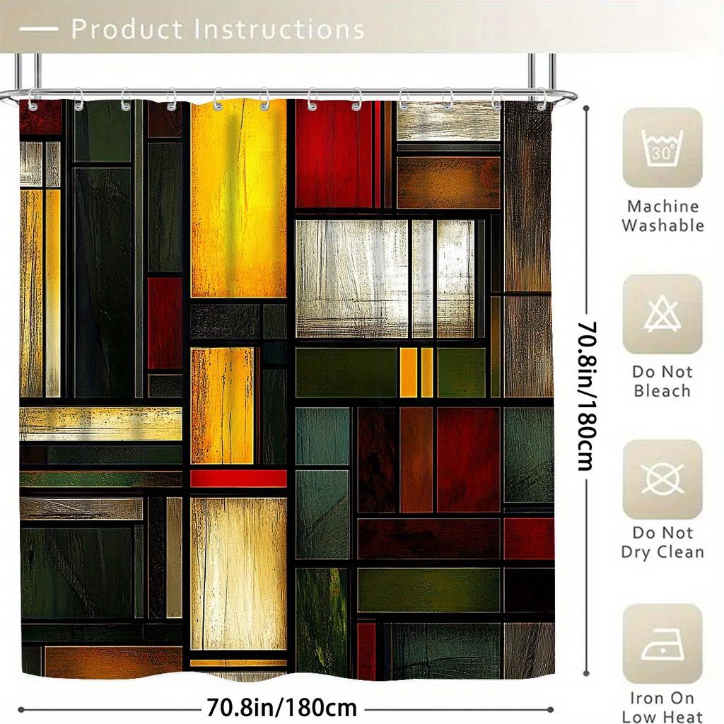 Creative Grid Decorative Shower Curtain Bathroom Set - Machine Washable, With 12 Hooks, Including Toilet Seat Cover And Bathtub