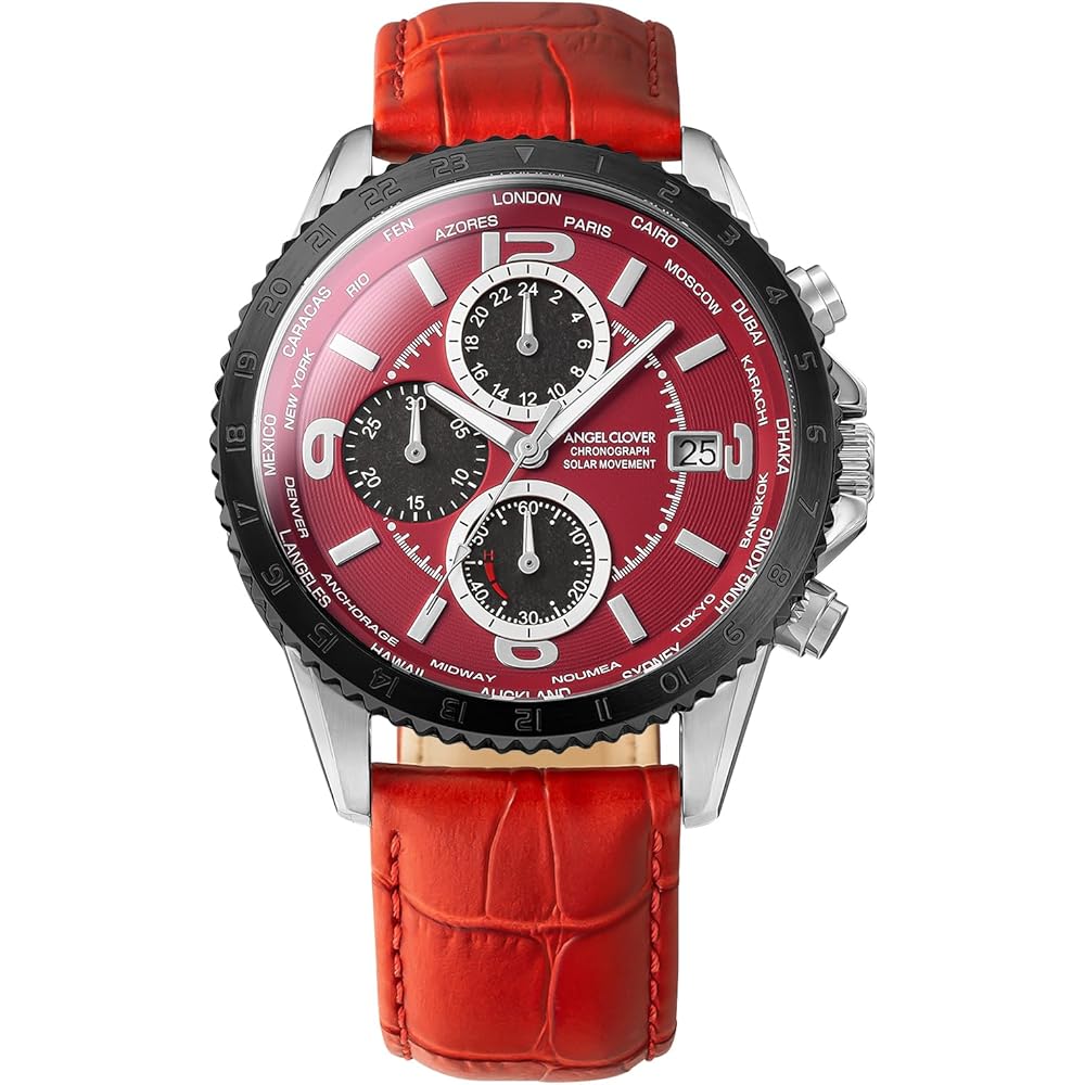 AngelClover Men's Watch, MONDO SOLAR NMOS44SBRE-RE, Solar Battery, 100m Water Resistance, Mineral Glass, Red Dial, Stainless Steel