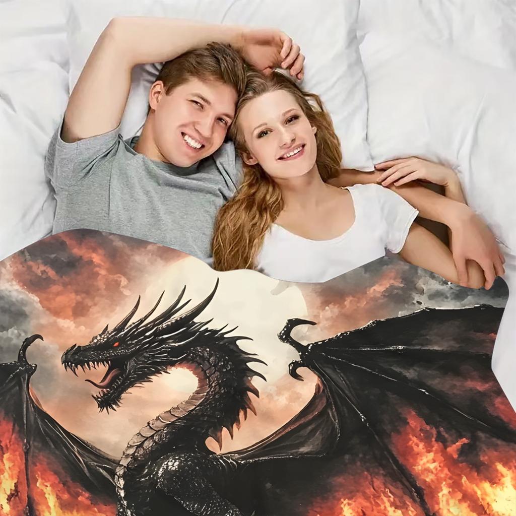 1pc Dragon and Castle Throw Blanket - Dark Gothic Castle & Dragon Design with Fiery Skies - Soft Flannel All-Season Blanket for