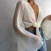 Elegant European Style Pleated Cardigan with Long Bell Sleeves and Lace-Up Chiffon Design