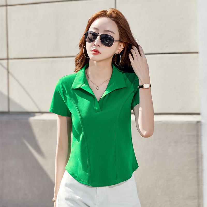 

Женский летний топ с воротником-поло и короткими рукавами, утягивающий, с узором «рыбья кость» 3XL зелёный