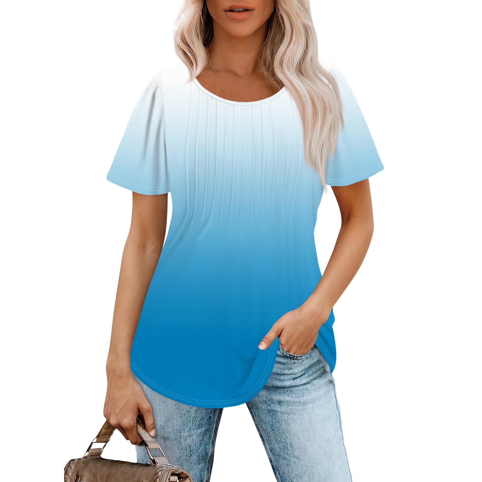 

Женская модная повседневная плиссированная футболка с короткими рукавами и круглым вырезом с градиентным принтом L синий