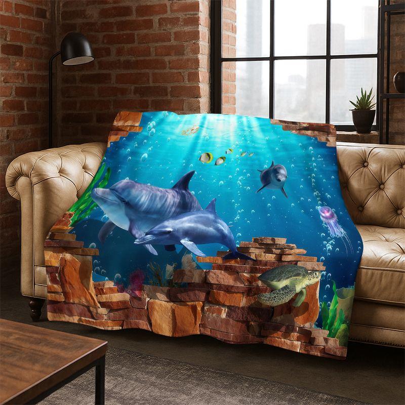 3D Illusion Underwater World Marine Life Shark Dolphin Cartoon Flannel Blanket Throw Blanket for Bedroom Living Room Bed Travel