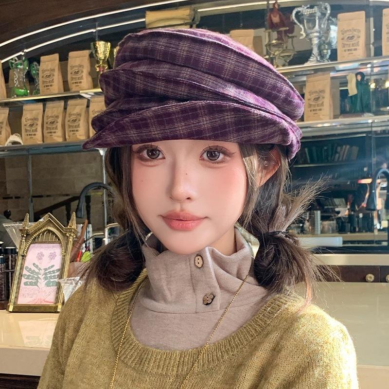 Japanese Literary And Retro Plaid Beret Women'S Spring And Autumn Versatile Newsboy Hat Personalized Casual Beret Tide
