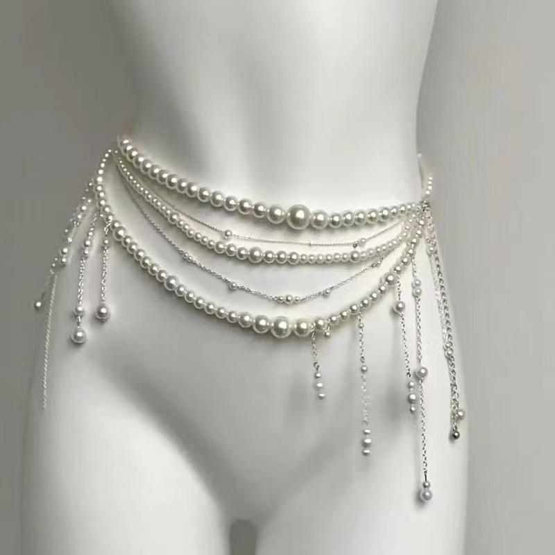 Elegant Multi-Layer Pearl & Tassel Waist Chain with Floral Accents for Women