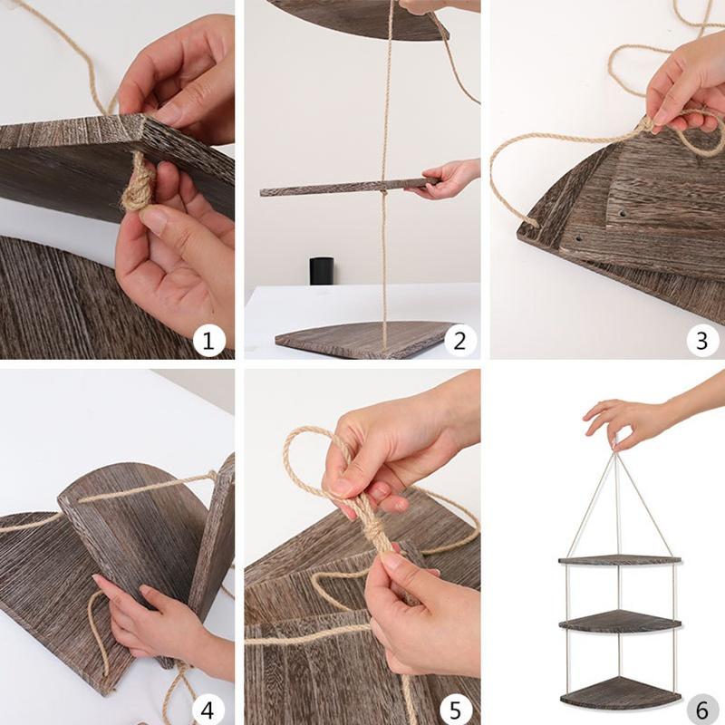 1× Retro Rope Wood Hanging Rack Corner Wall Shelf House Storage Organizer Rack