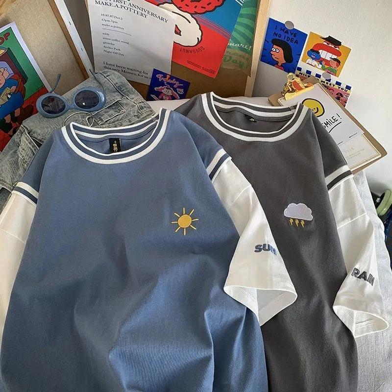 Tops Frauen Baumwolle Sommer Rundhals T-shirt kurzarm Lose Gedruckt Gefälschte Zwei Lose Bequeme Tops