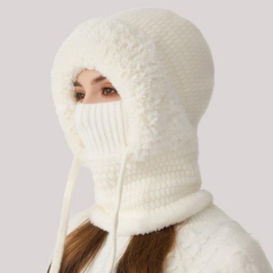 Gestrickte Kopfbedeckung Einfarbig 3-in-1 Damen Strickmütze Schal Gesichtsschutz Winddicht Skifahren Wandern Fleecegefüttert Winter Stirnband