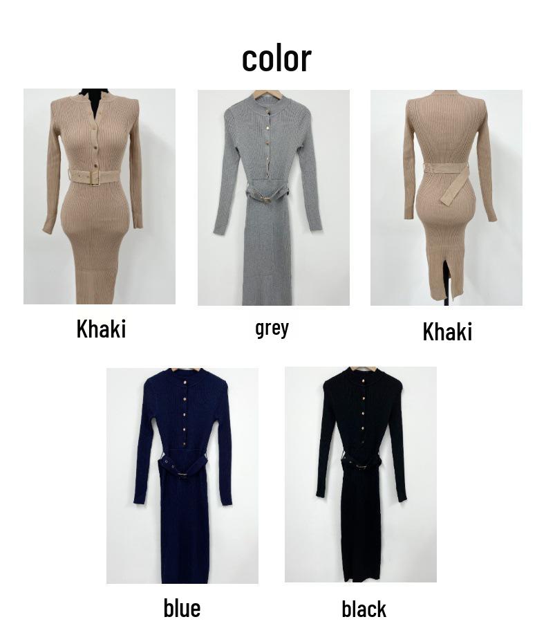 Korean Chic Slim Knit Dress: Long Sleeve, Round Neck, Single-Breasted, Hip Wrap Skirt with Belt.