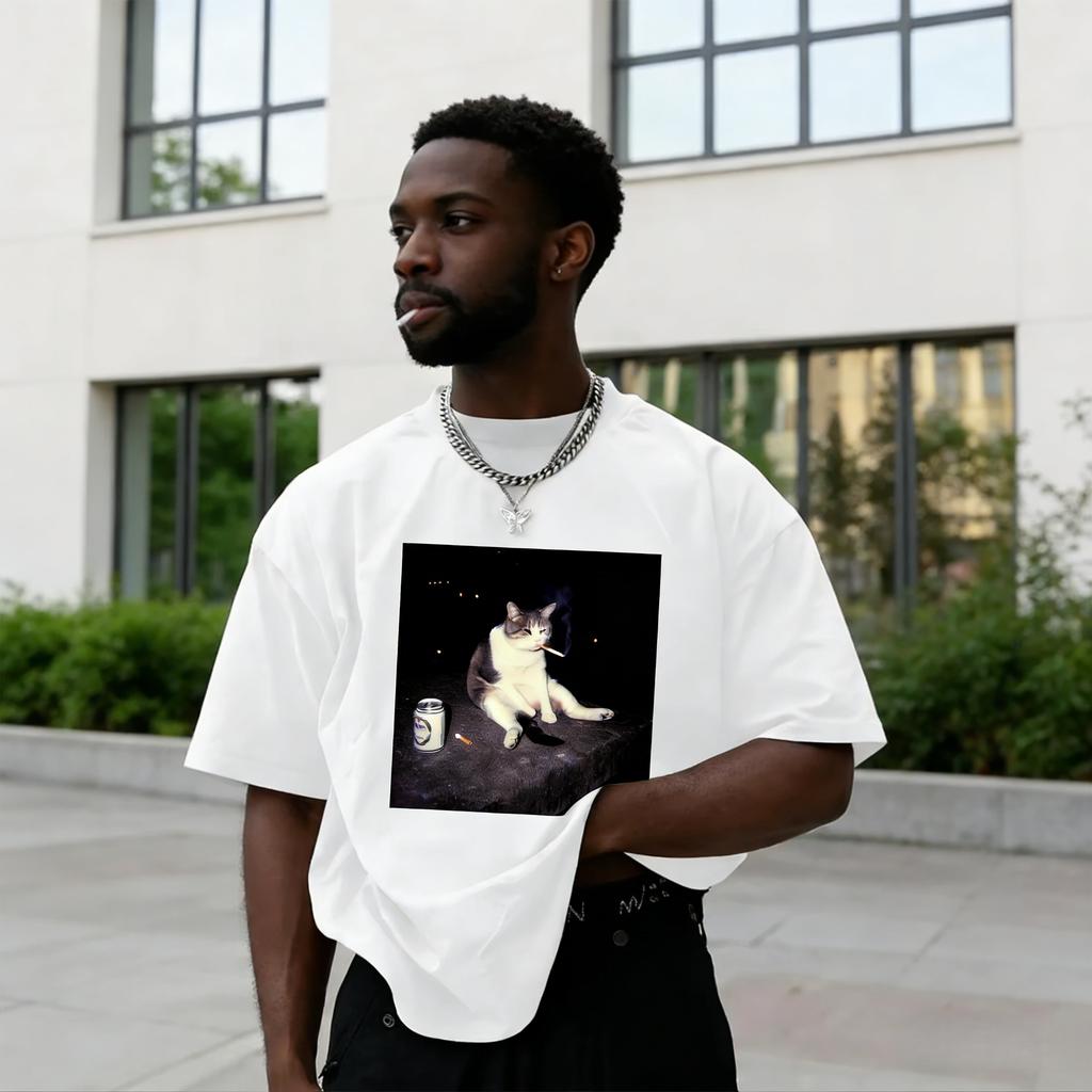 2026 Funny Smoking Cat Meme Tshirt Washed Cotton Trendy Tee Mens Women Hip Hop Print Quality Top Streetwear Oversized Casual