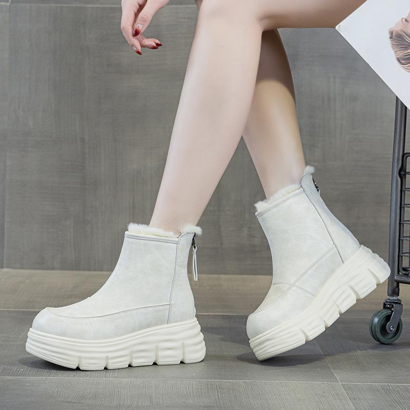 9965 Leather Snow Boots Women's Cotton Shoes Winter Velvet New Retro Short Boots Thick Sole