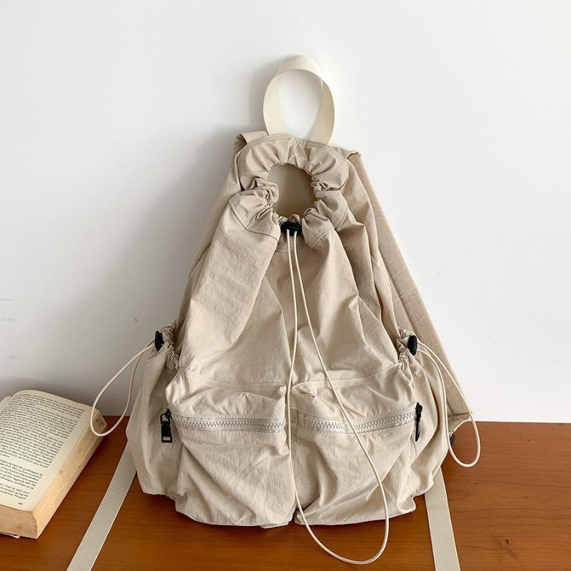 Drawstring Pleated Schoolbag Backpack Women's Niche~~ Nylon Large Capacity Travel Light Backpack Commuter Women