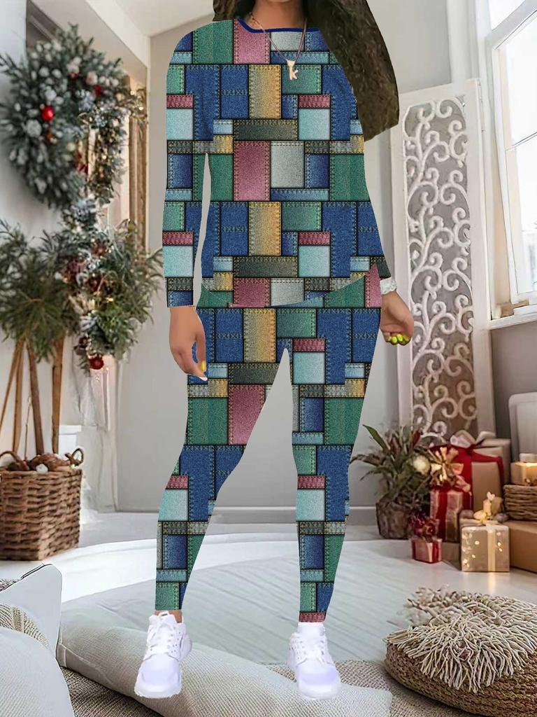 Women's Geometric Pattern Print 2-Piece Outfit: Long Sleeve Crew Neck Top & Pants, Holiday Limited Casual Party Gift Suit