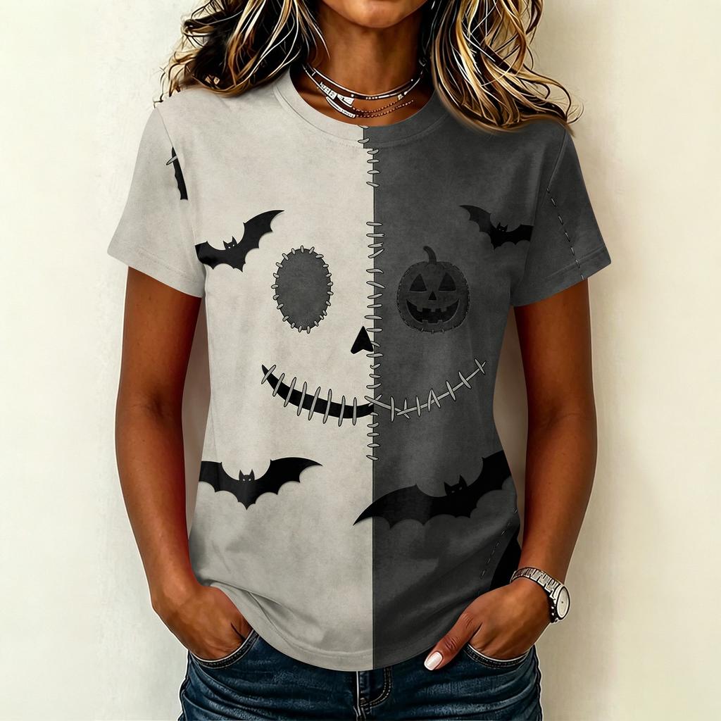 Women Casual Short Sleeve Pullover T Shirt Halloween Print Top Crew Neck Stitch Design Lightweight Soft Fabric Relaxed Fit