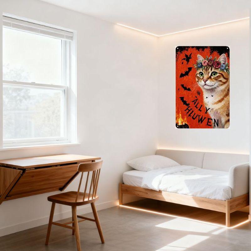 Halloween Tabby Cat with Floral Crown Metal Tin Sign, Spooky Bats & Jack-o'-Lantern Wall Decor for Home Cafe Bar Party Decoratio
