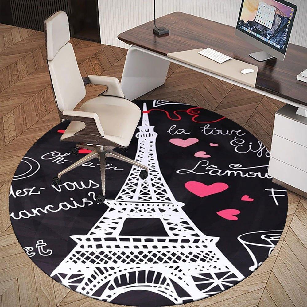 Pariser Romantik Eiffelturm Runder Teppich mit Herzen und französischen WörternRunde rutschfeste Stuhlmatte Stuhlteppich für Büro Teppiche für Bürodekoration Geschenk für Va