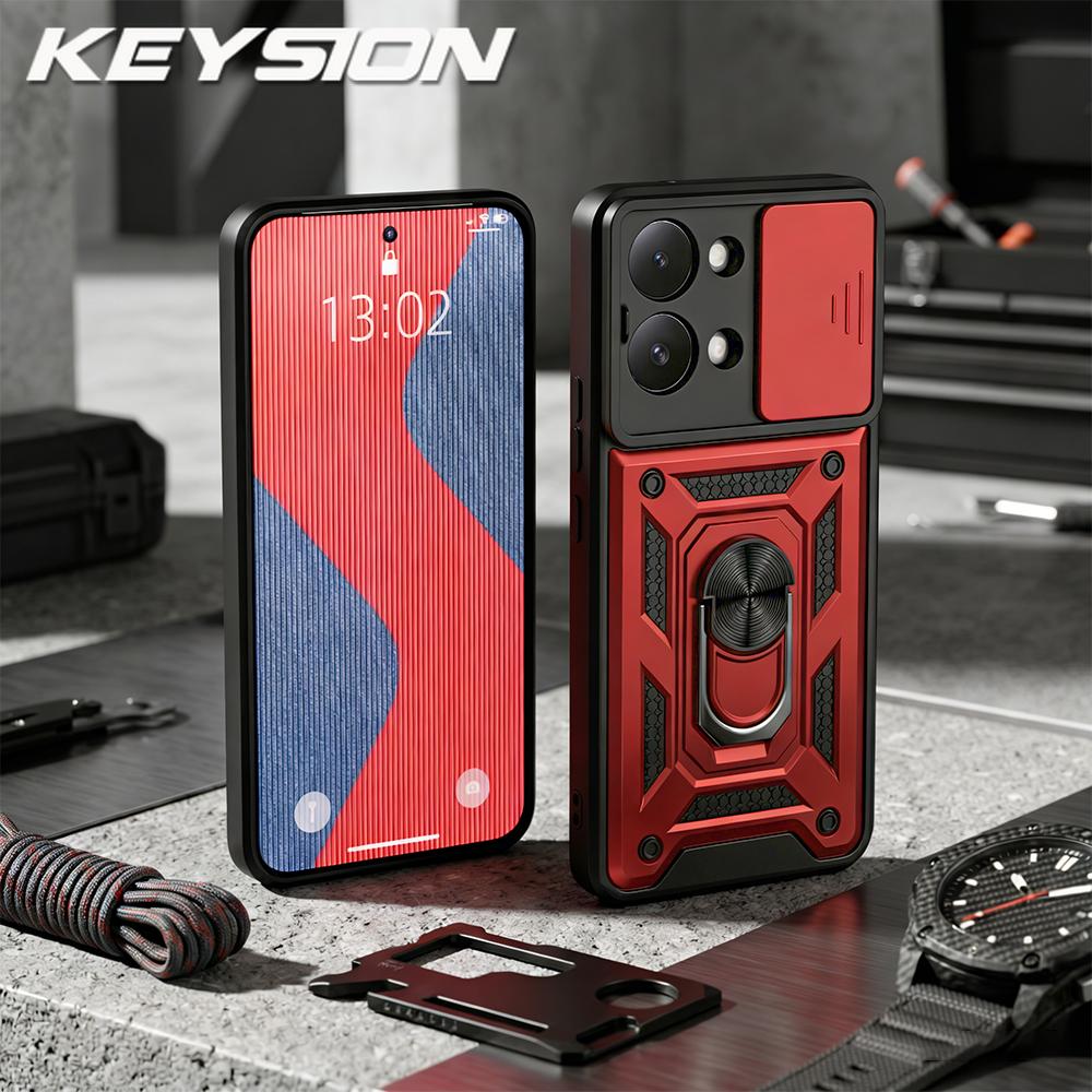 KEYSION Shockproof Armor Case for Xiaomi POCO X8 Pro Max Slide Camera Lens Protection Ring Stand Phone Cover for POCO X8 Pro Max