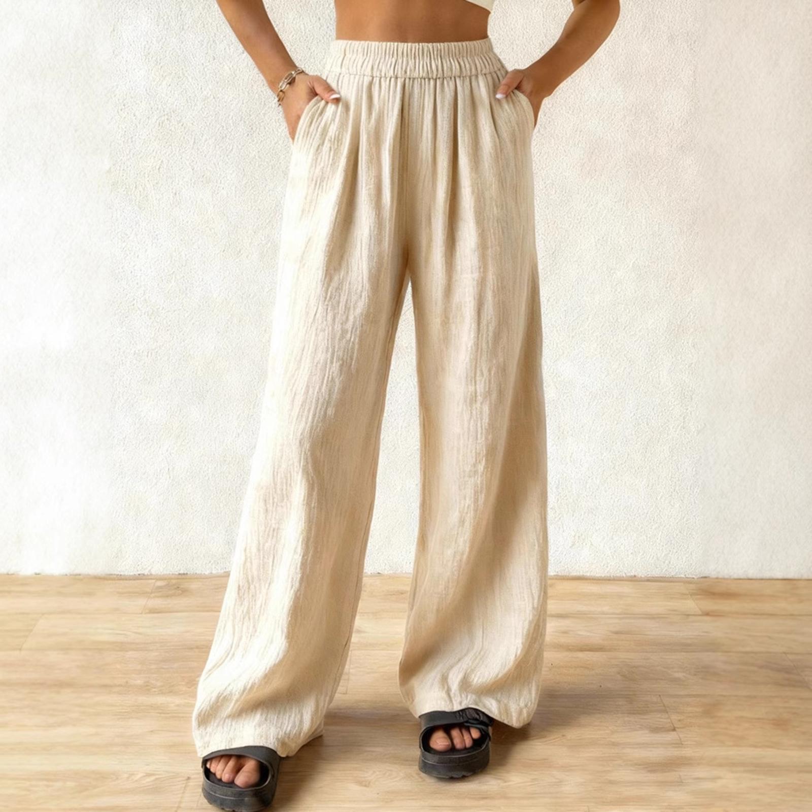 

Women s Fashionable Color Loose Casual Pocket Elastic Waist Wide Leg Casual Pants XXL