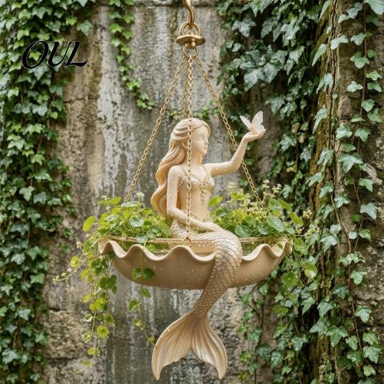 Wetterfester Pflanzenhänger Feen-Balletttänzerin Meerjungfrau Hängepflanzer, Harz Dekorativer Blumentopf mit Metallkette, für Balkon Außenbereich