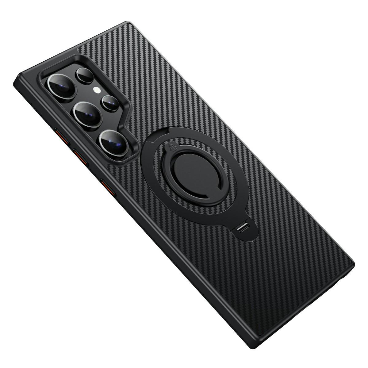 

For Samsung Galaxy S24 Ultra Magnetic Case Kickstand Carbon Fiber Texture PC + TPU Back Cover with Silicone Ring A