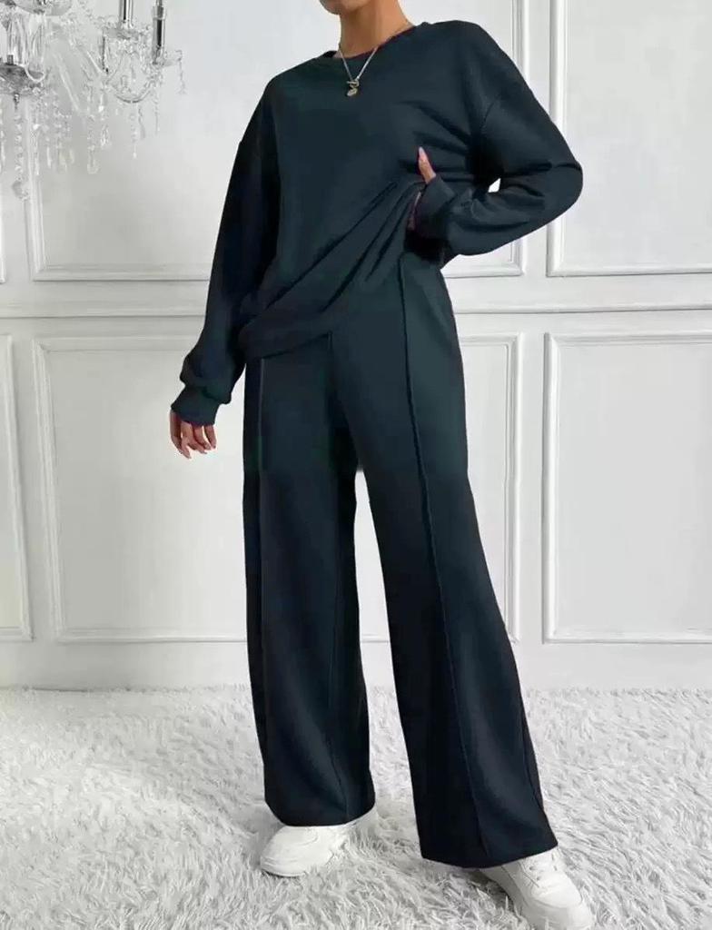Damen Hellbraunes Relaxed Fit Rundhals Langarm Oberteil und Weitbein Hose Lounge Set