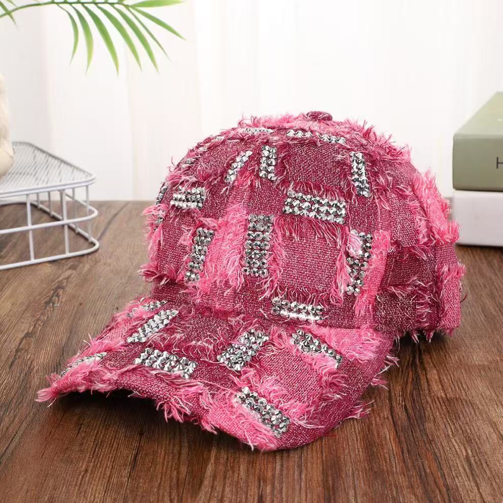 Vintage Distressed Frayed Denim Baseball Cap, Plaid Rhinestone Bling Hat, Y2K Hip Hop Streetwear For Women, Casual Sun Hat