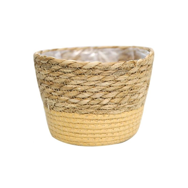Straw Weaving Plant Pots Containers Hand Woven Plant Pots Cover Leak-Proof Garden Pots Container for Indoor Outdoor Garden