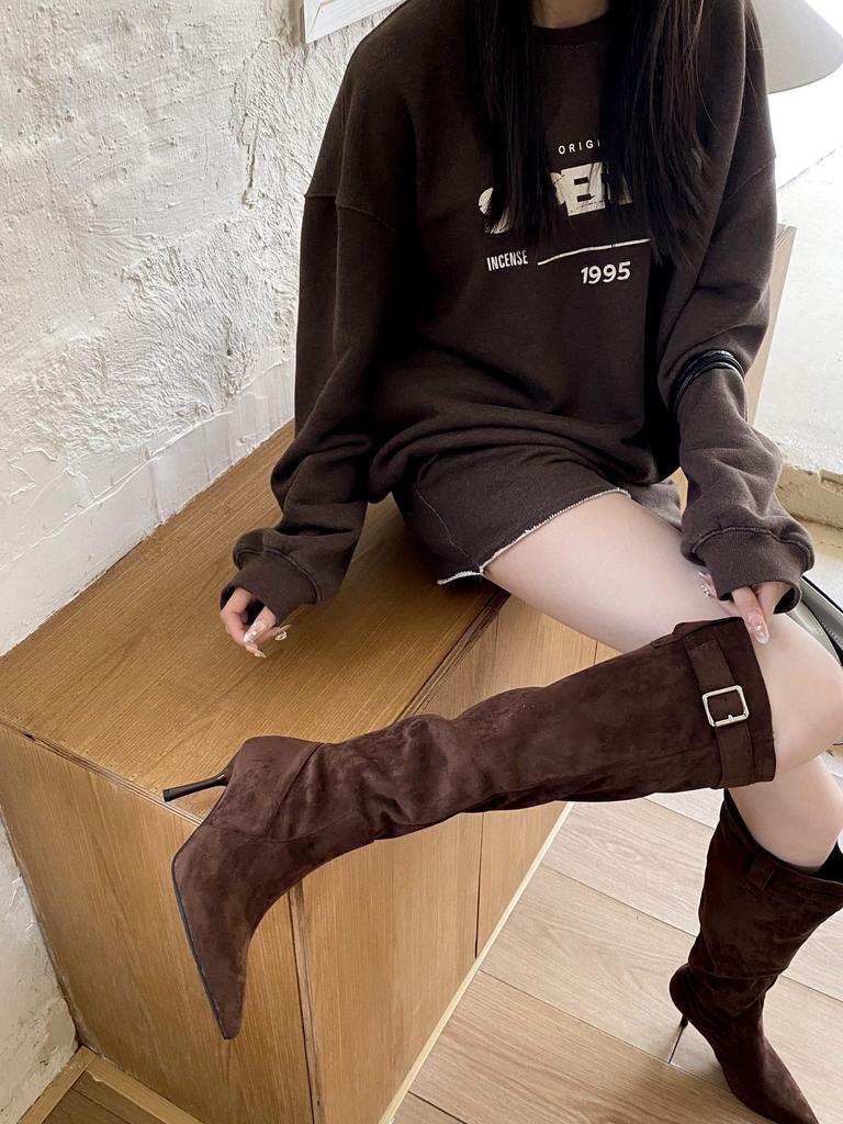 2025 autumn and winter new big tube circumference stacking boots pointed boots women's thin heel high boots high heel belt buckle boots