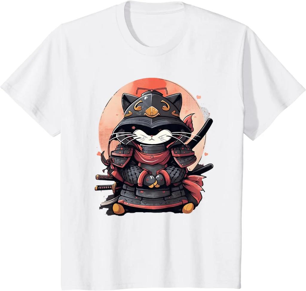 Retro Japanese Cat Samurai tattoo anime streetwear fashion Unisex Hot Sale Crewneck Round Neck Collar graphic Ninja Kawaii TShirt