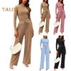 2 Pcs/Set Women Top Pants Suit Round Neck Long Sleeves Slim Fit Top High Waist Drawstring Wide Leg Trousers Tracksuit Casual Daily Wear Outfit