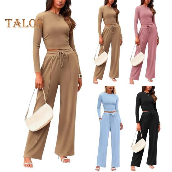 2 Pcs/Set Women Top Pants Suit Round Neck Long Sleeves Slim Fit Top High Waist Drawstring Wide Leg Trousers Tracksuit Casual Daily Wear Outfit