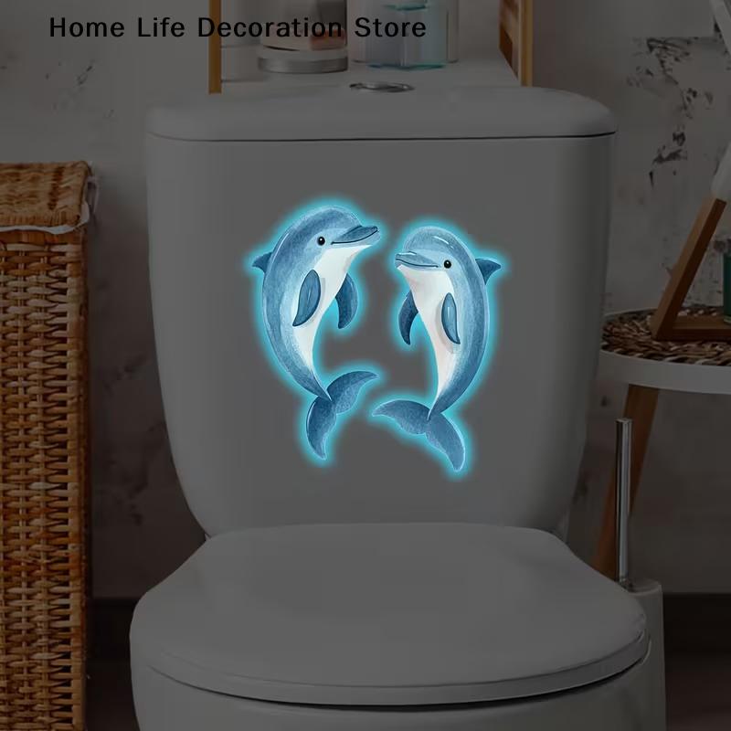 Glow-in-the-Dark Dolphin Bubbles Toilet Stickers - Ocean Theme Kids Room Decor Removable Self-Adhesive Decals For Wall Bathroom
