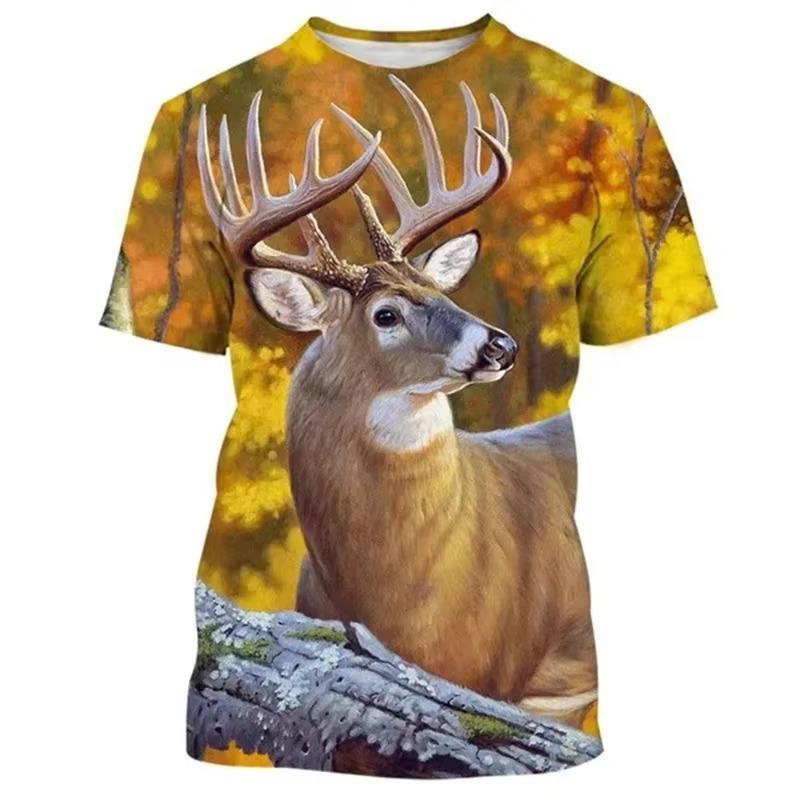 Hirsch 3D-Druck T-Shirt Lustige Tierjagd Grafik Kurzarm Rundhals T-Shirt Herren Outdoor Trend Persönlichkeit Tees