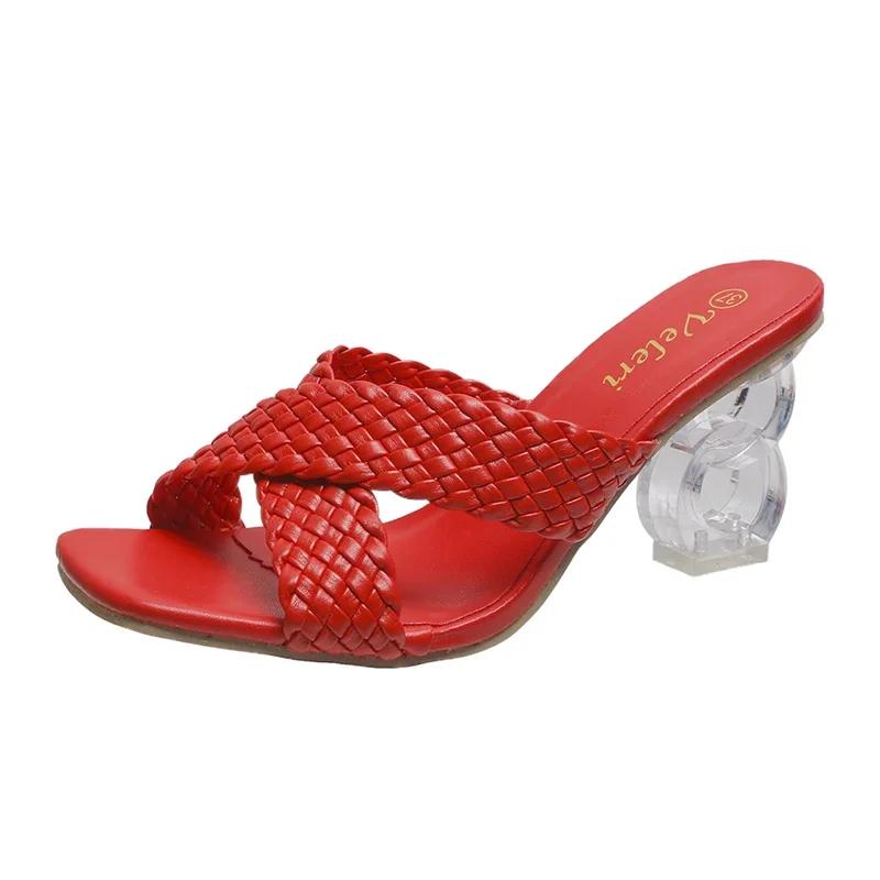 Transparent Strange High Heels Sandals Women Summer 2024 Plus Size Weave Female Slippers Fashion Yellow Open Toe Slides