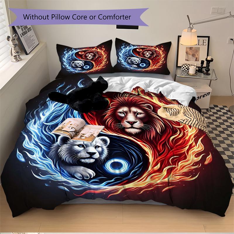 3-teiliges Yin Yang Löwen Muster Bettwäsche-Set, 1* Bettbezug + 2* Kissenbezüge, Bedrucktes Bettwäsche-Set, Weich und Bequem, Geeignet für Schlafzimmer und Gästezimmer