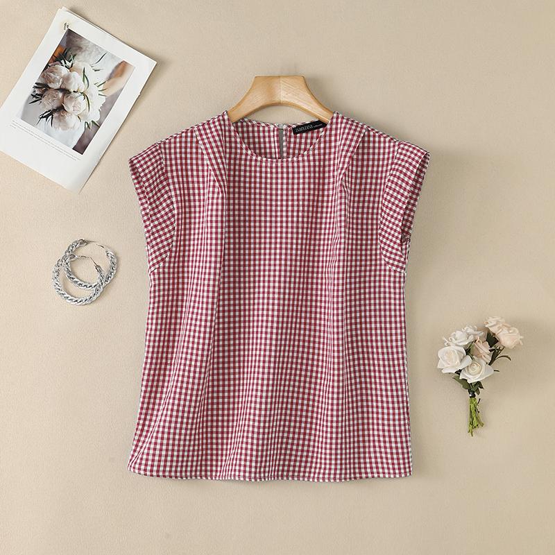 ZANZEA Women Casual Round Neck Sleeveless Plaid Print Blouse