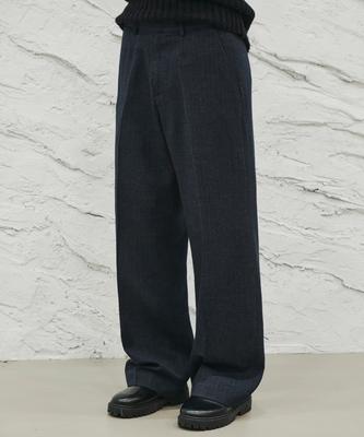 SIGNATURE Wool-Like No-Tuck Wide Fit Slacks [Navy Stripe]
