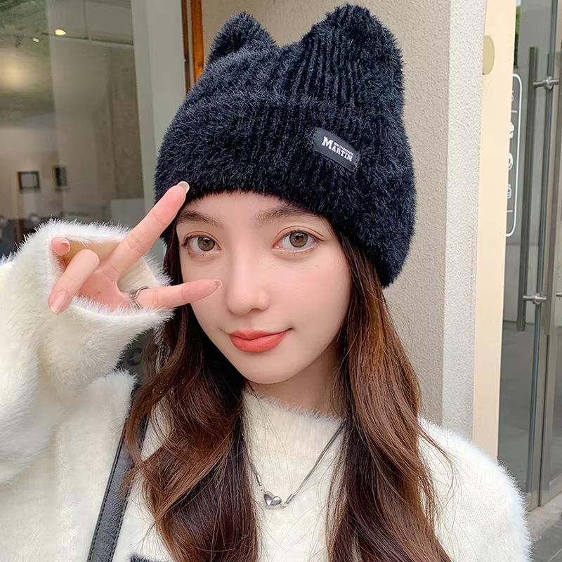 Cat Ears Warm Plush Knitted Beanies for Women Love Heart Embroidery Ear Warmer Cap Solid Color Windproof Pullover Hat Bonnet