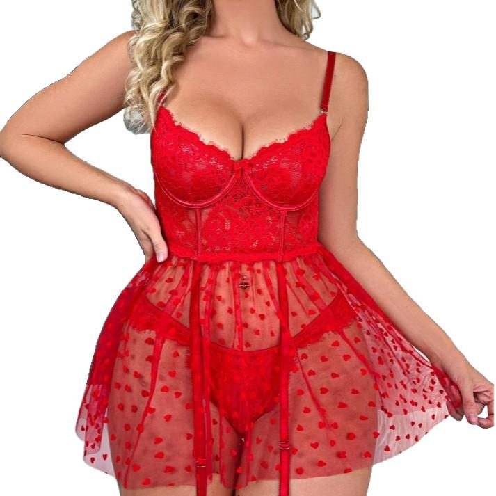 New European and American sex underwear lace perspective polka dot suspender nightdress large size mesh sexy sleep