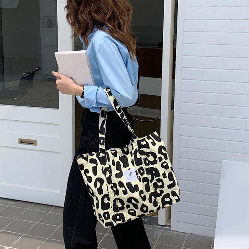 Fashion Simple Canvas Tote Bag Pink Leopard Print Bag Large Capacity Travel Handbags Versatile Shopping Shoulder Bag CLE