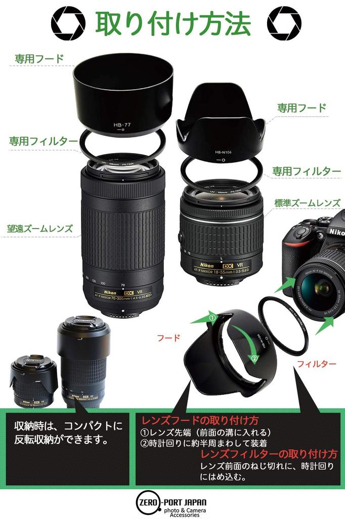 ZEROPORT JAPAN Compatible Lens Hoods for Nikon and D5300 Double Zoom Kits D3400, D5600, AF-P (2-Pack HB-N106 + HB-77)