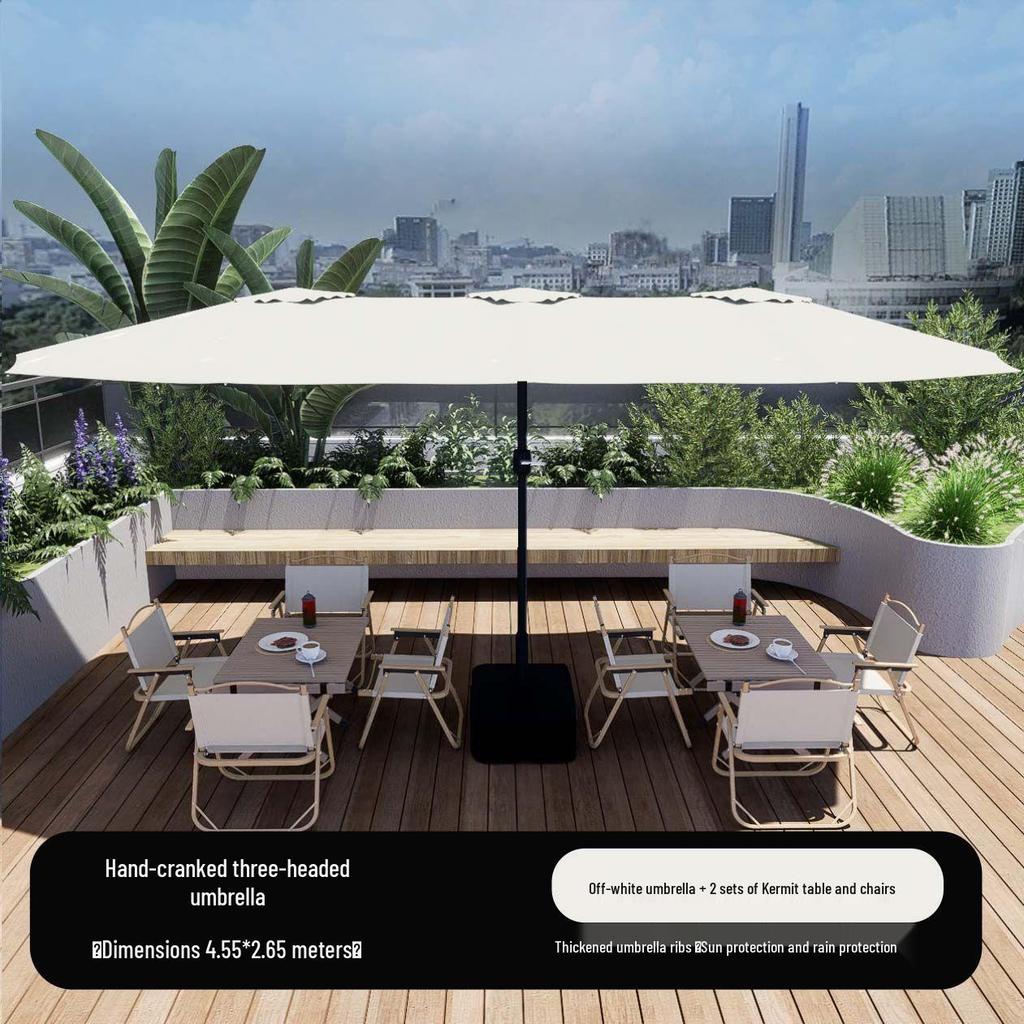 Large Outdoor Cafe & Terrace Sun Umbrella with Three-Head Center Pole