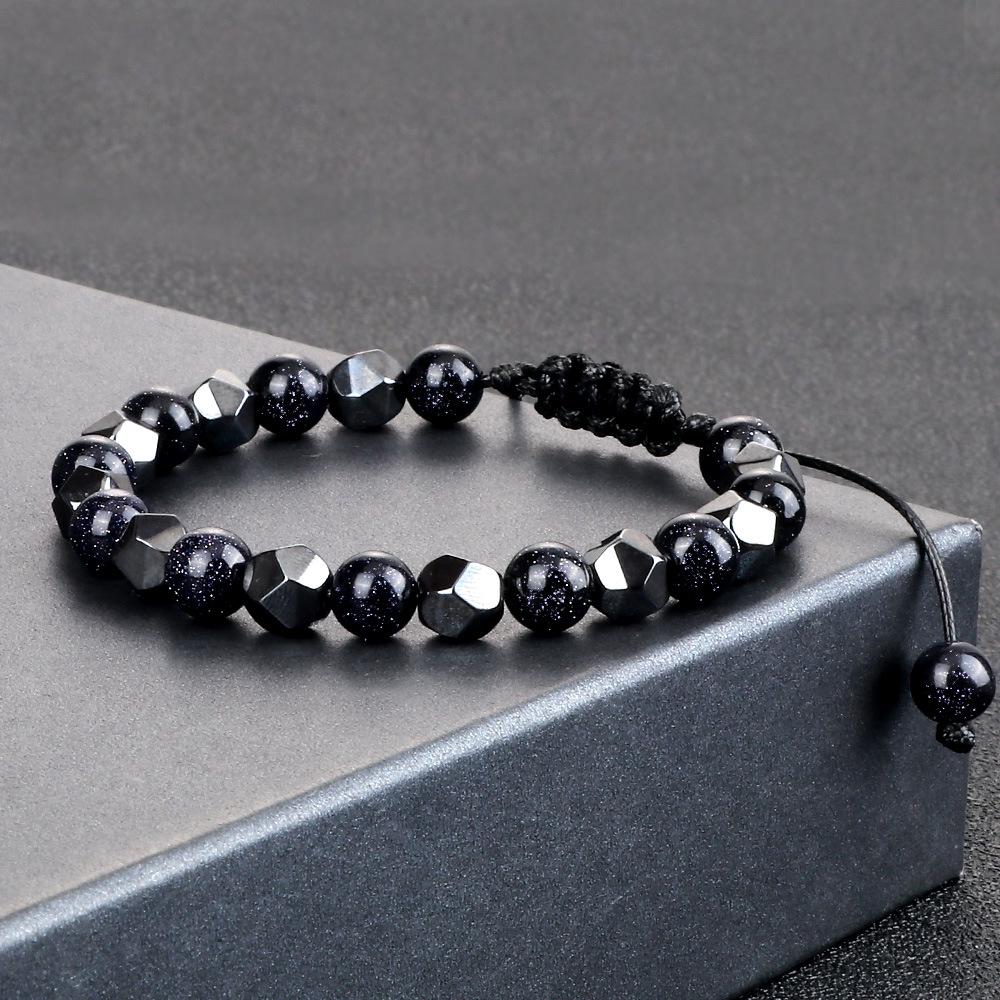 Verstelbaar Handgemaakt Geweven Armbandje met 6mm Geslepen Zwarte Galsteen Kralen