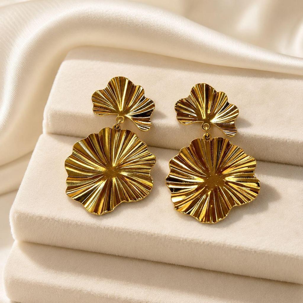 Gold Plated Large Flower Drop Earrings: European & American Light Luxury Style