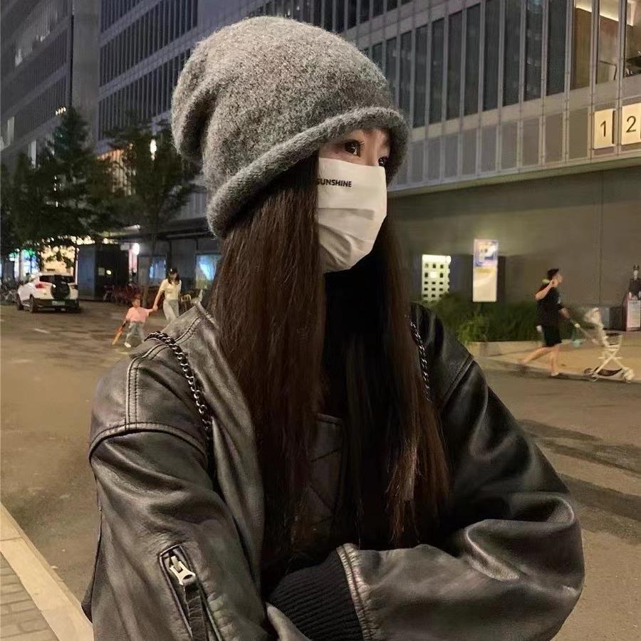 Contains Wool Blended Knitted Hat for Women in Winter Japanese Versatile Woolen Hat Big Head Circumference Pile Hat Small Cold Hat Showing Face