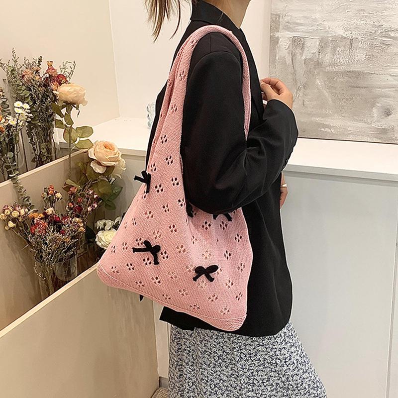 Aesthetic Knitted Bag Women Hollow Out Crochet Bow Handbag Large Capacity Handmade Tote Bag Summer Beach Woven Shoulder Bag