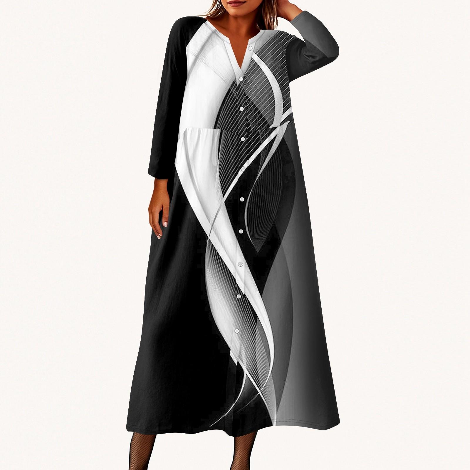 

Women s Fashionable Printed Round Neck Seven Quarter Sleeve Button Loose Shirt Dress S чорний