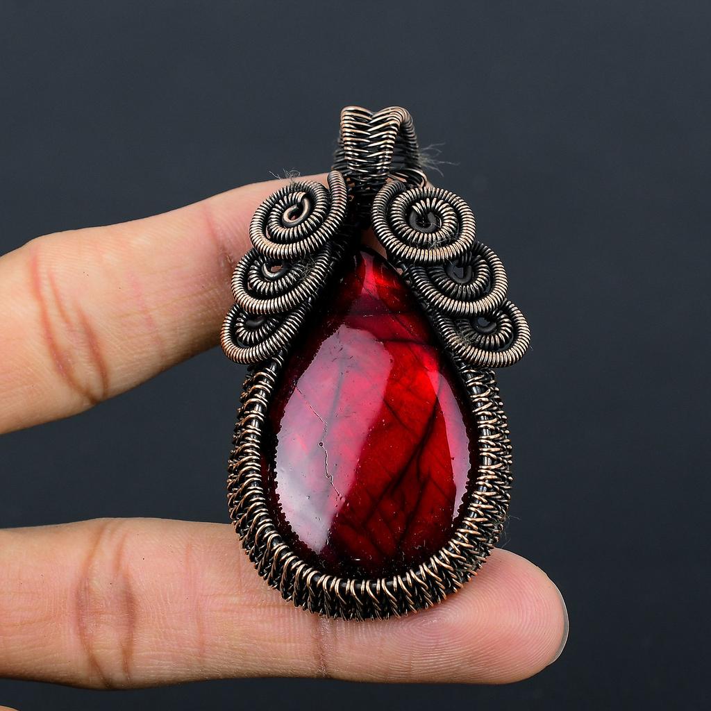 Red Labradorite Handmade Copper Wire Wrap Pendant Jewelry 2.64" j9W38
